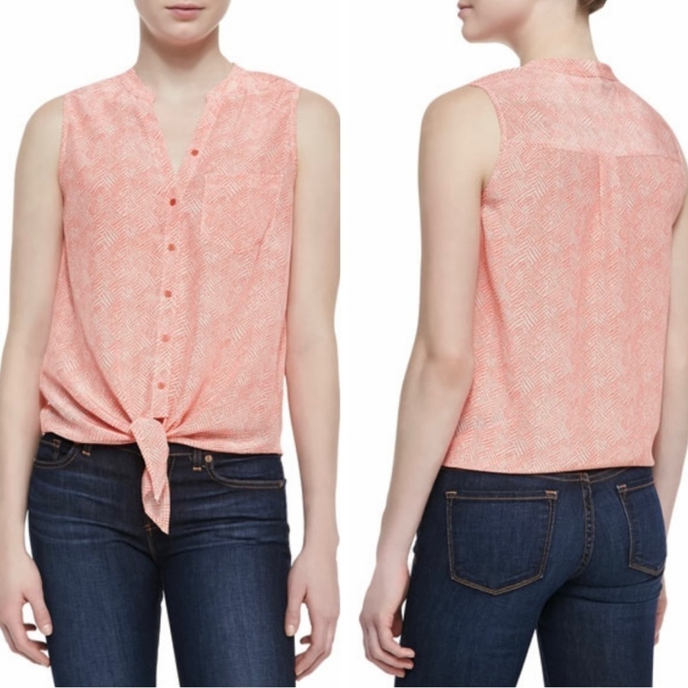 Joie Edalette 100% silk blouse. Orange and white soft pattern